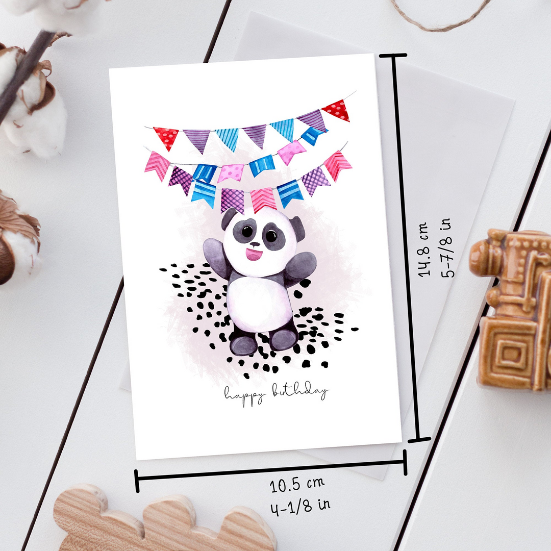 a card with a panda bear wearing a party hat