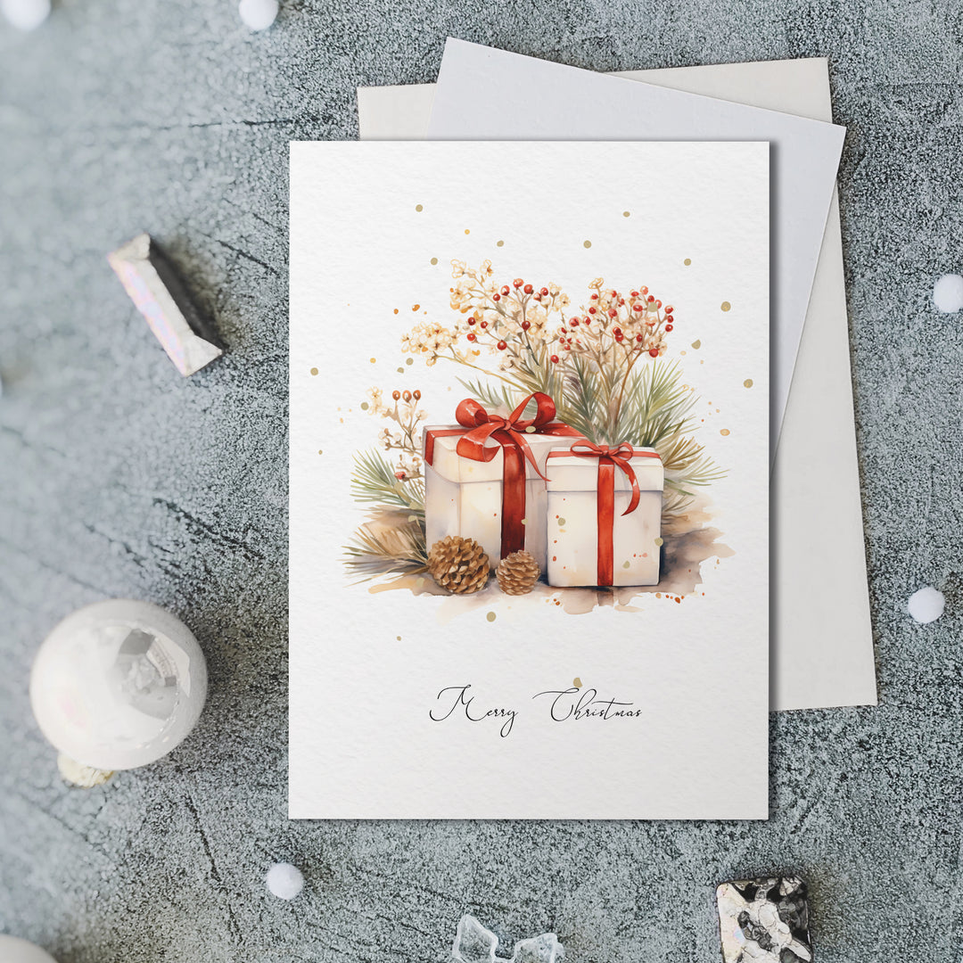 a christmas card with two wrapped presents