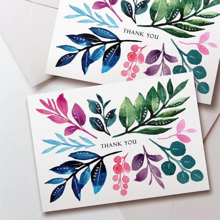 two thank you cards with watercolor leaves on them