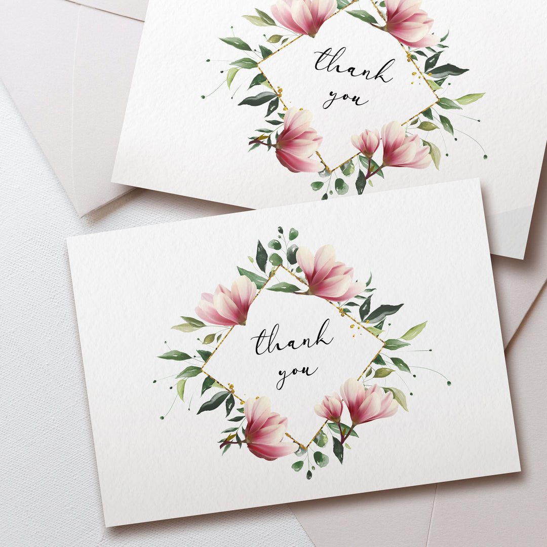 two thank you cards with pink flowers on them