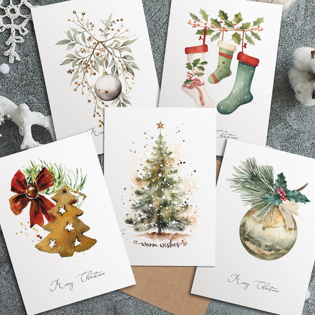 four christmas cards with a christmas tree, stockings, stockings and stockings