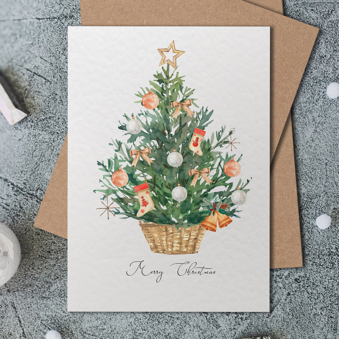 a card with a christmas tree on it