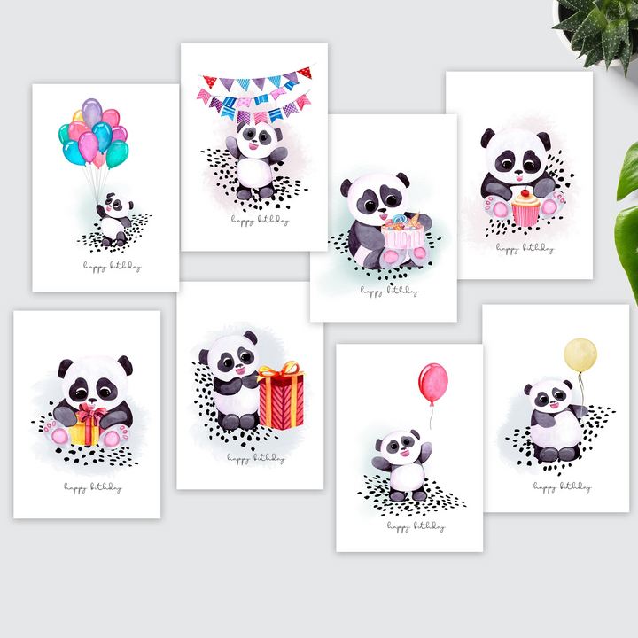 a bunch of cards with a panda bear holding a present