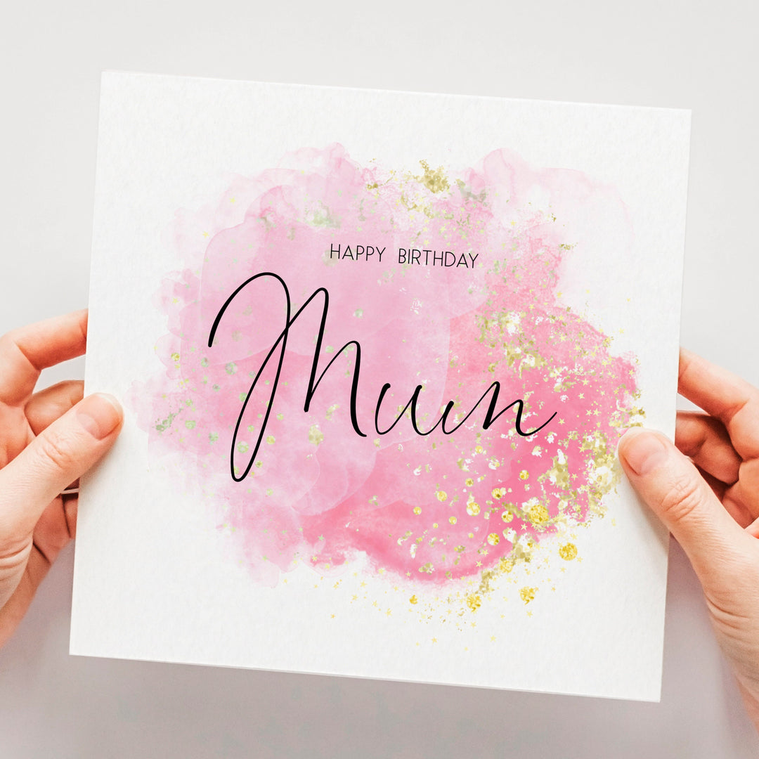 Mum Birthday Card, Pink Sparkle Watercolour Birthday Card, Birthday Card For Mother, Mom Birthday Card