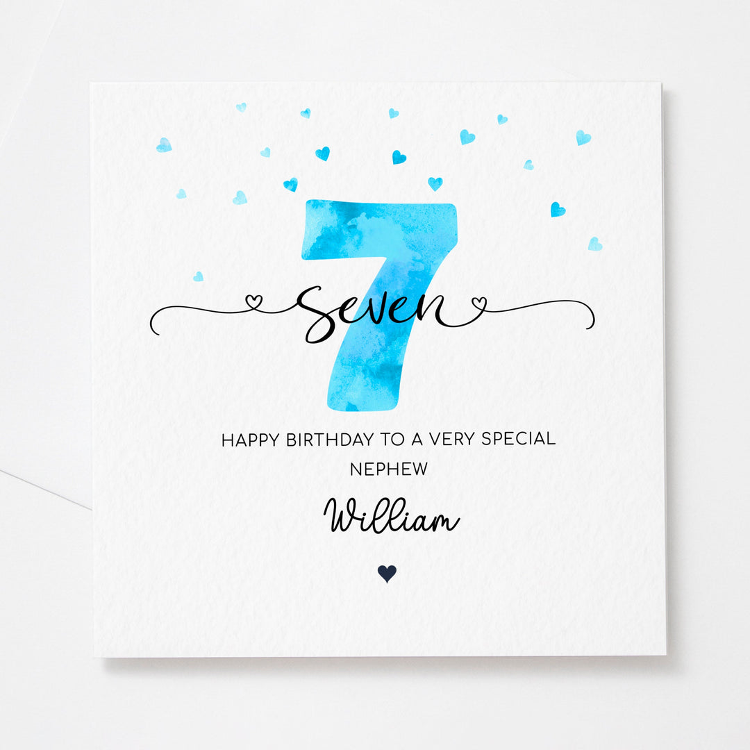 Personalised 7th birthday blue card | boy seventh birthday | happy 7th birthday for son, grandson, nephew, godson, friend