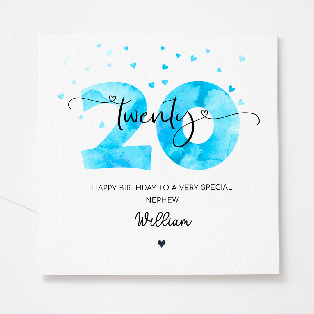 Personalised 20th birthday blue card | twentieth birthday card | happy 20th birthday for son, grandson, nephew, godson