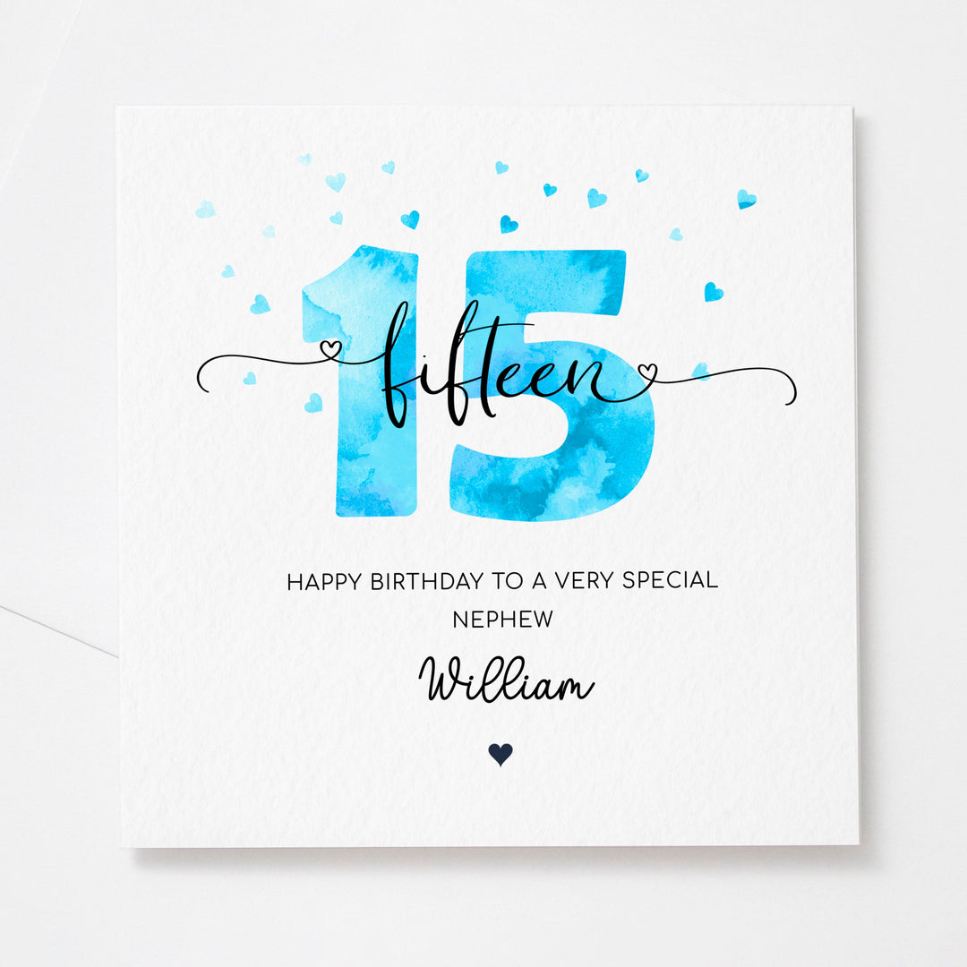 Personalised 15th birthday blue card | teenager boy fifteenth birthday | happy 15th birthday for son, grandson, nephew, godson, friend