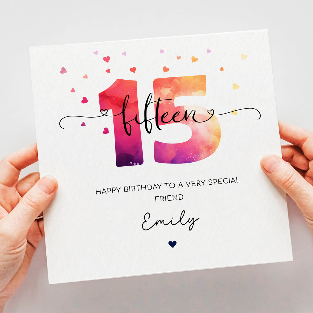 Personalised 15th birthday card | teenage girl fifteenth birthday | colourful happy 15th birthday for daughter, granddaughter, niece