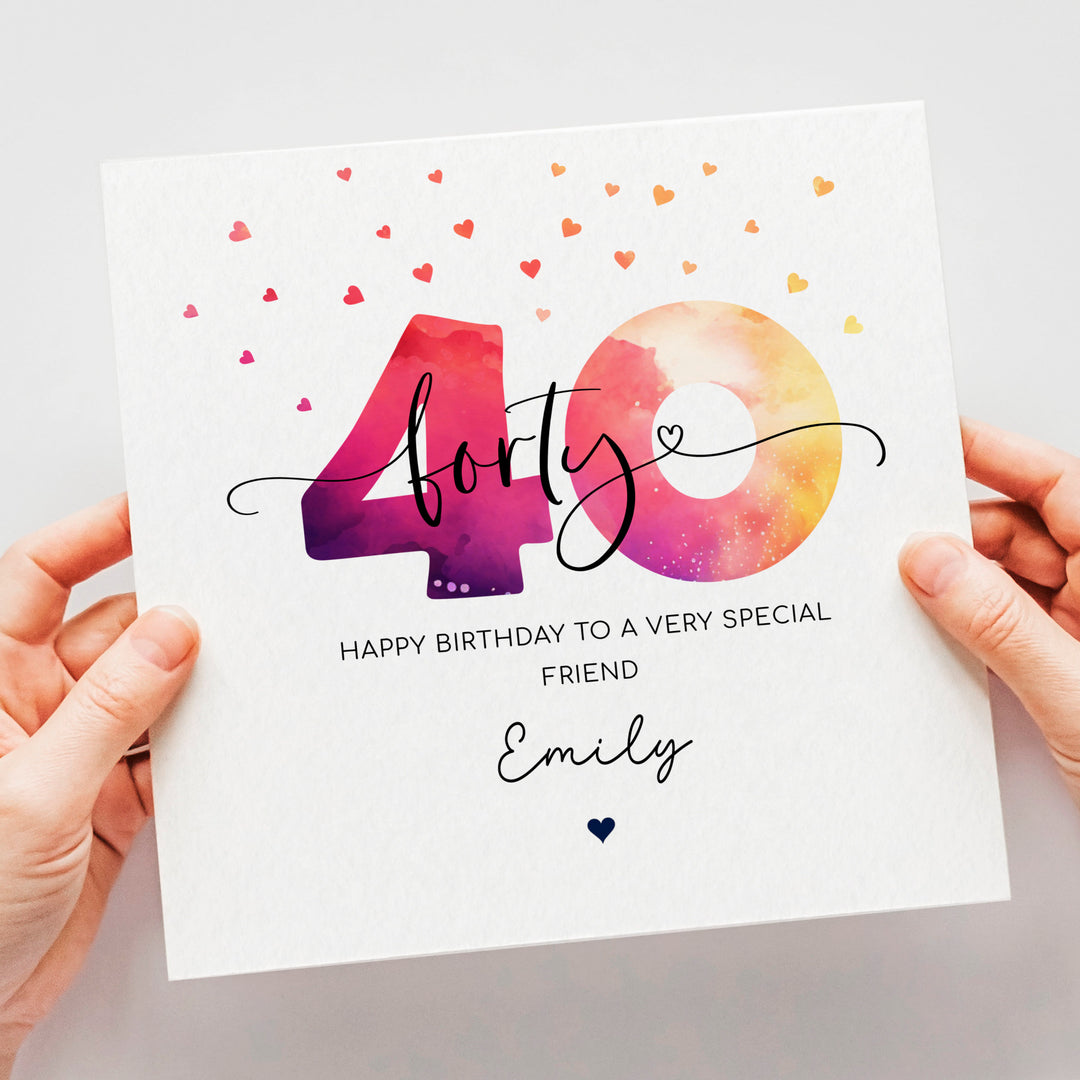 Personalised 40th birthday card | fortieth birthday | colourful happy 40th birthday card for daughter, auntie, mum, friend