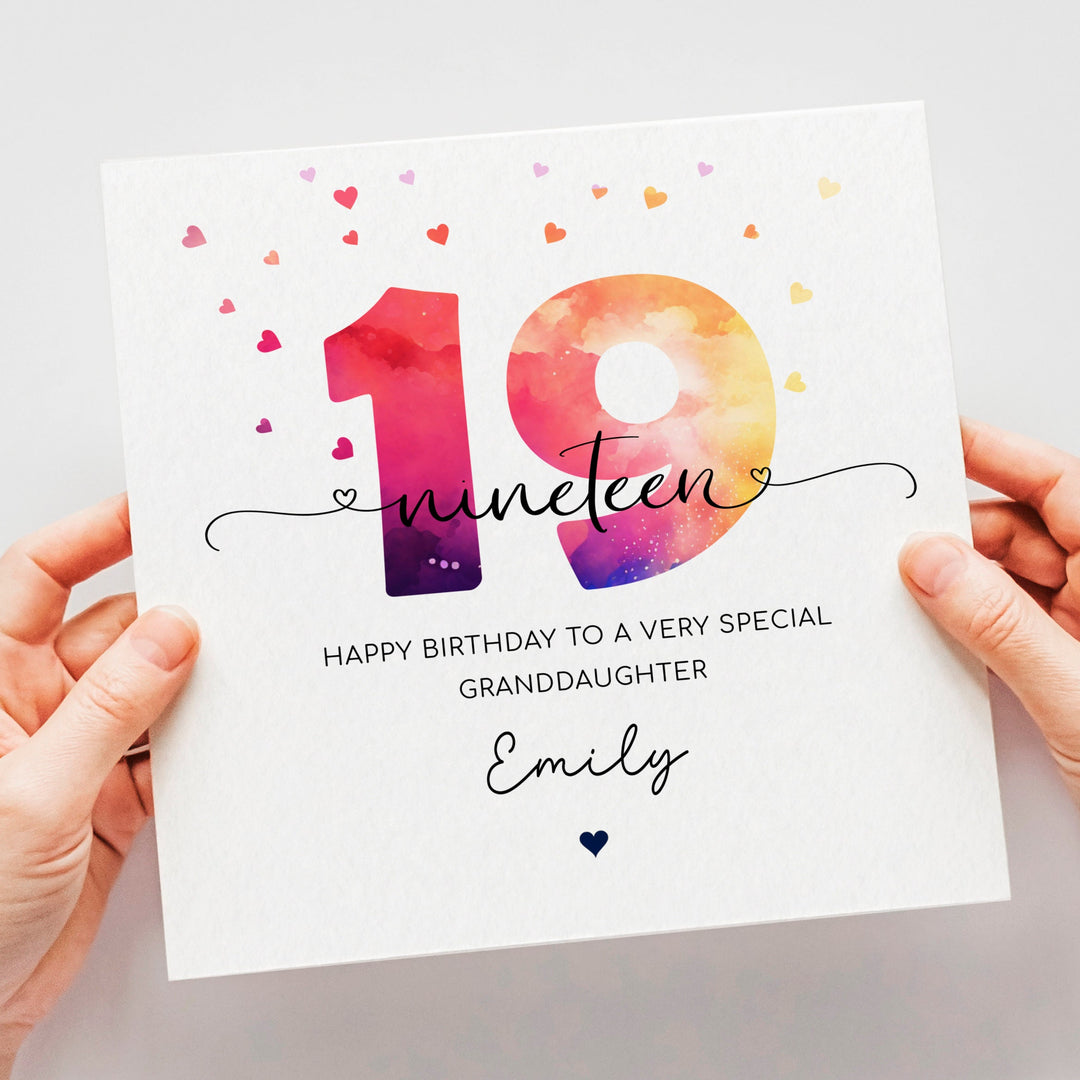 Personalised 19th birthday card | teenage girl nineteenth birthday | colourful happy 19th birthday for daughter, granddaughter, niece