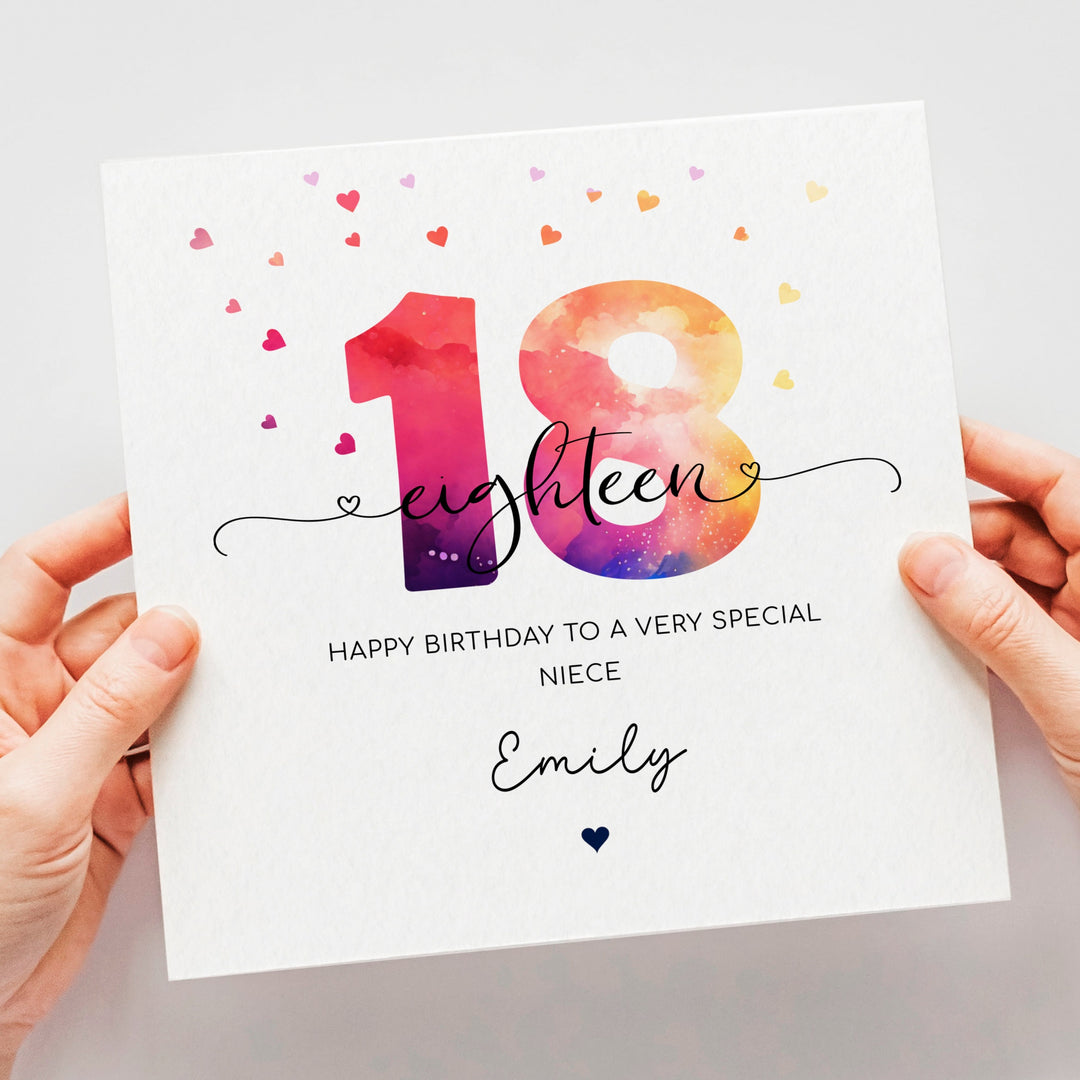 Personalised 18th birthday card, teenage girl eighteenth birthday, colourful happy 18th birthday for daughter, granddaughter, niece