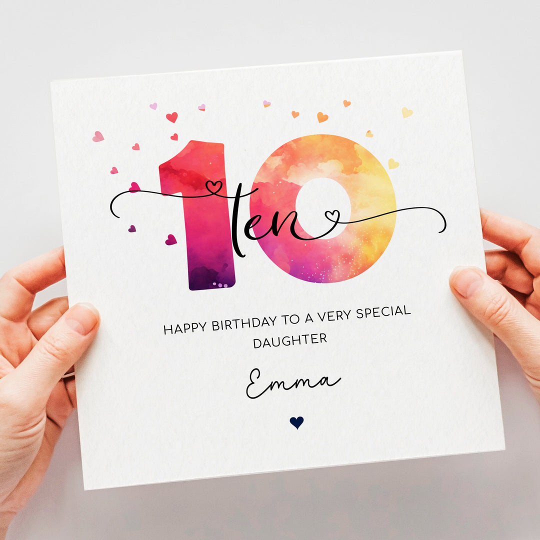 Personalised 10th birthday card, girl tenth birthday, colourful happy 10th birthday for daughter, granddaughter, niece