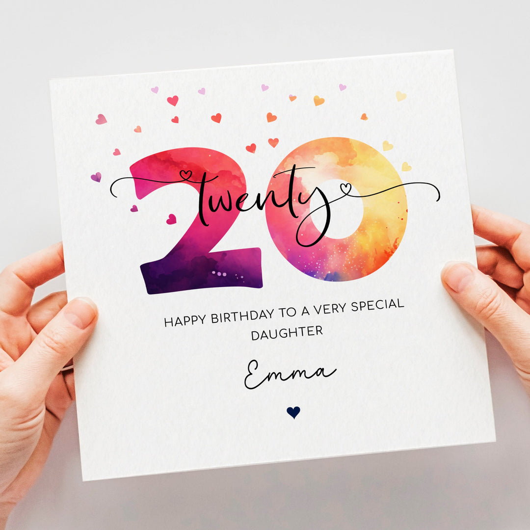 Personalised 20th birthday card, twentieth birthday, colourful happy 20th birthday for daughter, granddaughter, niece