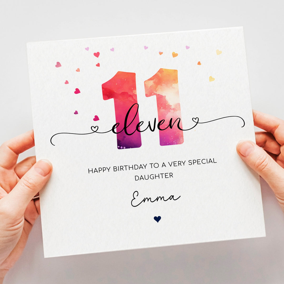 Personalised 11th birthday card, girl eleventh birthday, colourful happy 11th birthday for daughter, granddaughter, niece