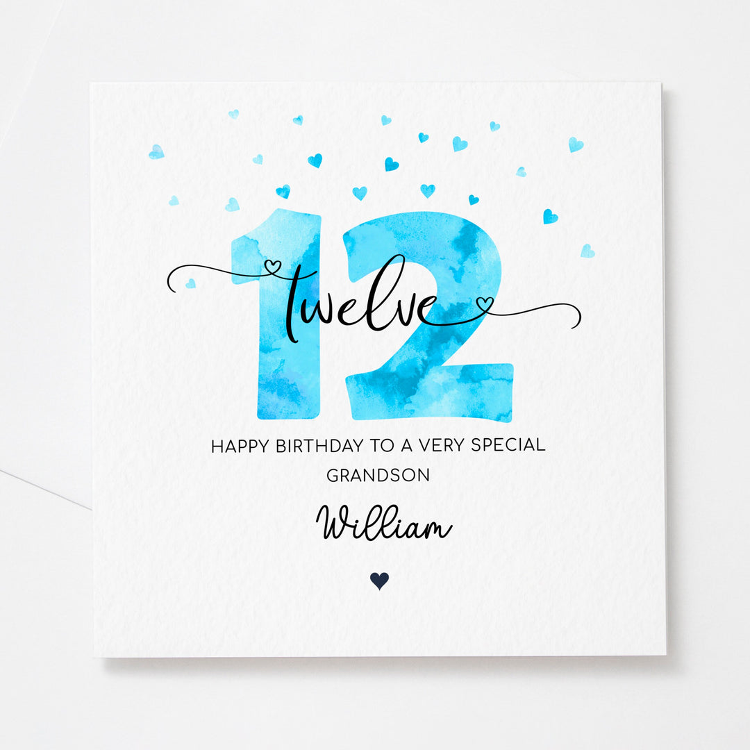 Personalised 12th birthday blue card | boy twelfth birthday | happy 12th birthday for son, grandson, nephew, godson, friend