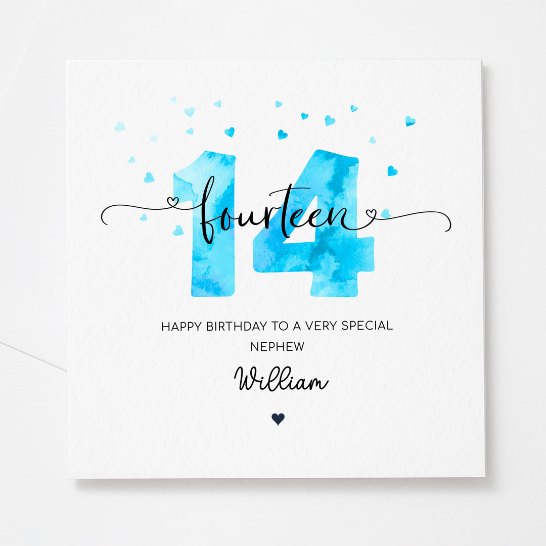 Personalised 14th birthday blue card | teenager boy fourteenth birthday | happy 14th birthday for son, grandson, nephew, godson, friend