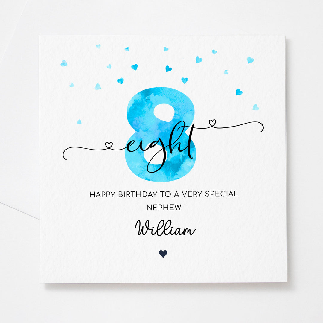 Personalised 8th birthday blue card | boy eighth birthday | happy 8th birthday for son, grandson, nephew, godson, friend