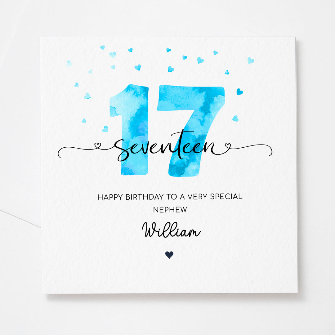 Personalised 17th birthday blue card | teenager boy seventeenth birthday | happy 17th birthday for son, grandson, nephew, godson