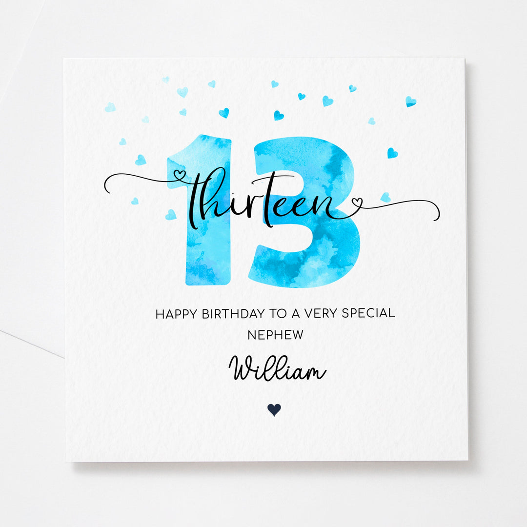 Personalised 13th birthday blue card | teenager boy thirteenth birthday | happy 13th birthday for son, grandson, nephew, godson, friend