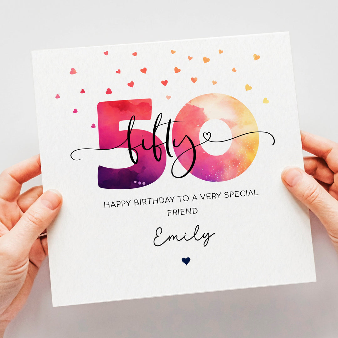 Personalised 50th birthday card | fiftieth birthday | colourful happy 50th birthday card for mum, grandma, friend, auntie