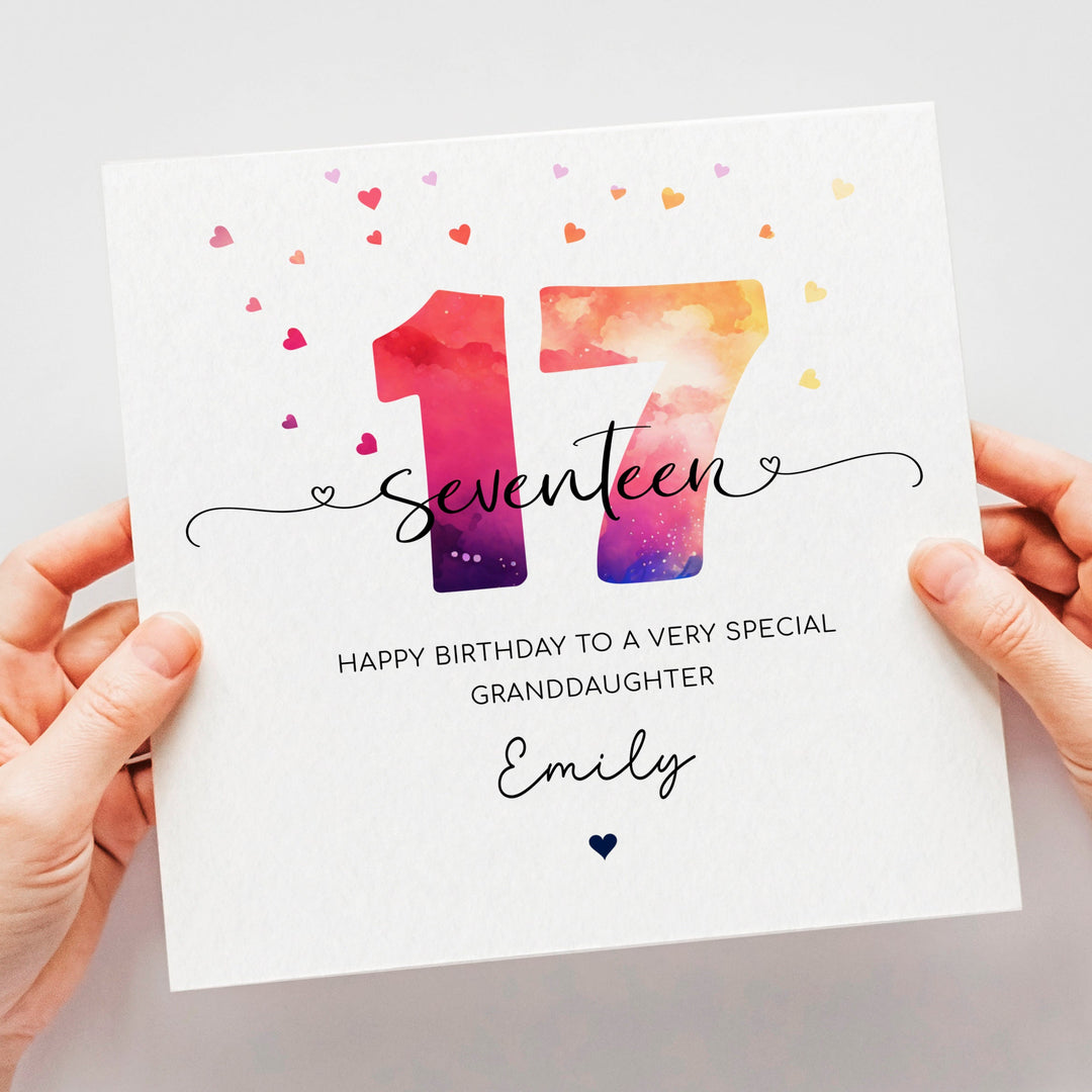 Personalised 17th birthday card, teenage girl seventeenth birthday, colourful happy 17th birthday for daughter, granddaughter, niece