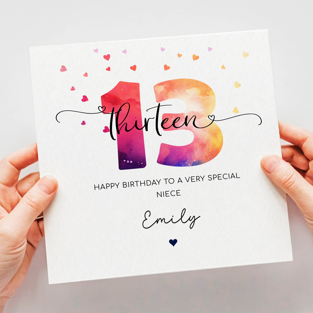 Personalised 13th birthday card, teenage girl thirteen birthday, colourful happy 13th birthday for daughter, granddaughter, niece