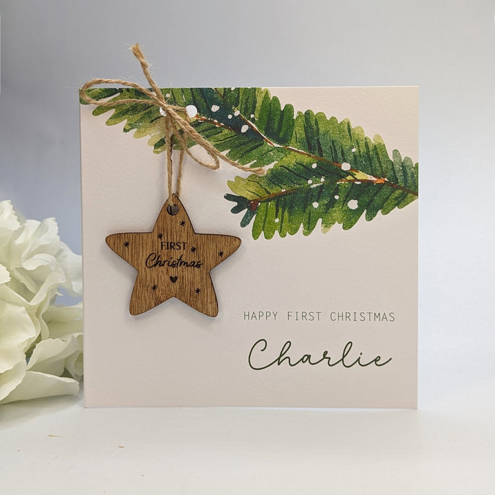 Personalised Wood Ornament 1st Baby Christmas Watercolour Card