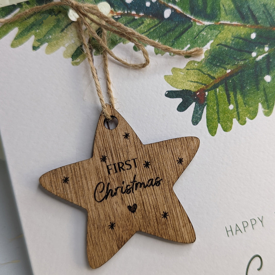 Personalised Wood Ornament 1st Baby Christmas Watercolour Card