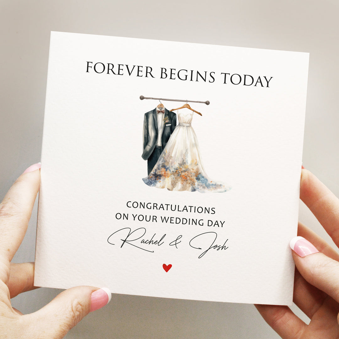 Personalised Wedding Day Card, Elegant Wedding Card for Couple, Mr & Mrs Bride and Groom, Forever Begins Today with handwritten names and his and hers wedding tuxedo and wedding dress