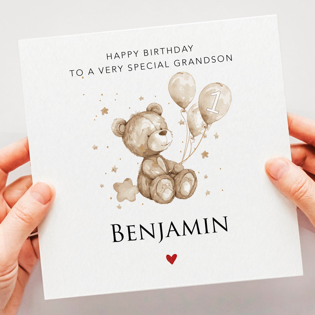 Personalised 1st birthday boy card, unisex neutral first birthday card, one year old grandson, nephew, godson, teddy bear with balloons card