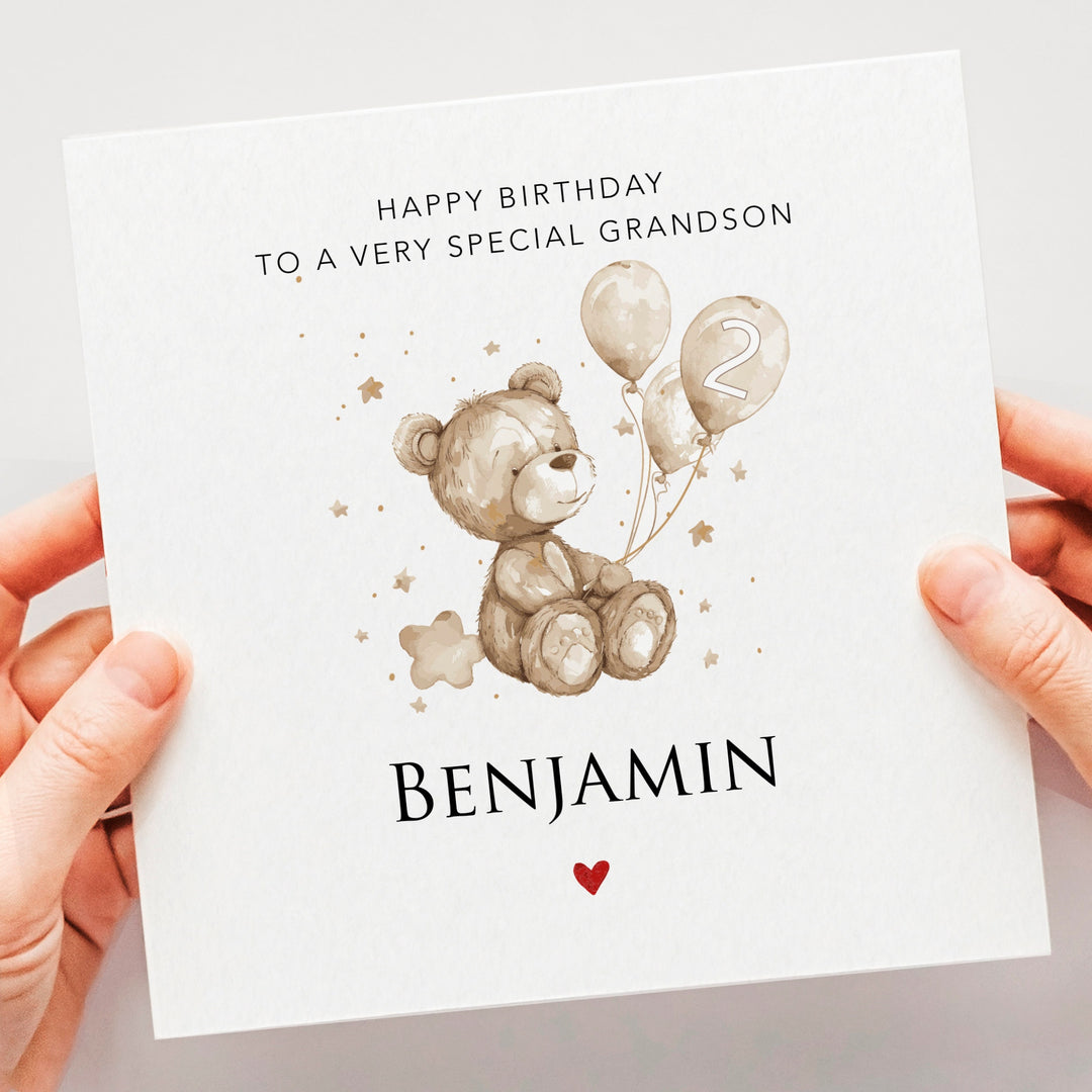 Personalised 2nd birthday boy card, unisex neutral second birthday card, two year old grandson, nephew, godson, cute bear with balloons card