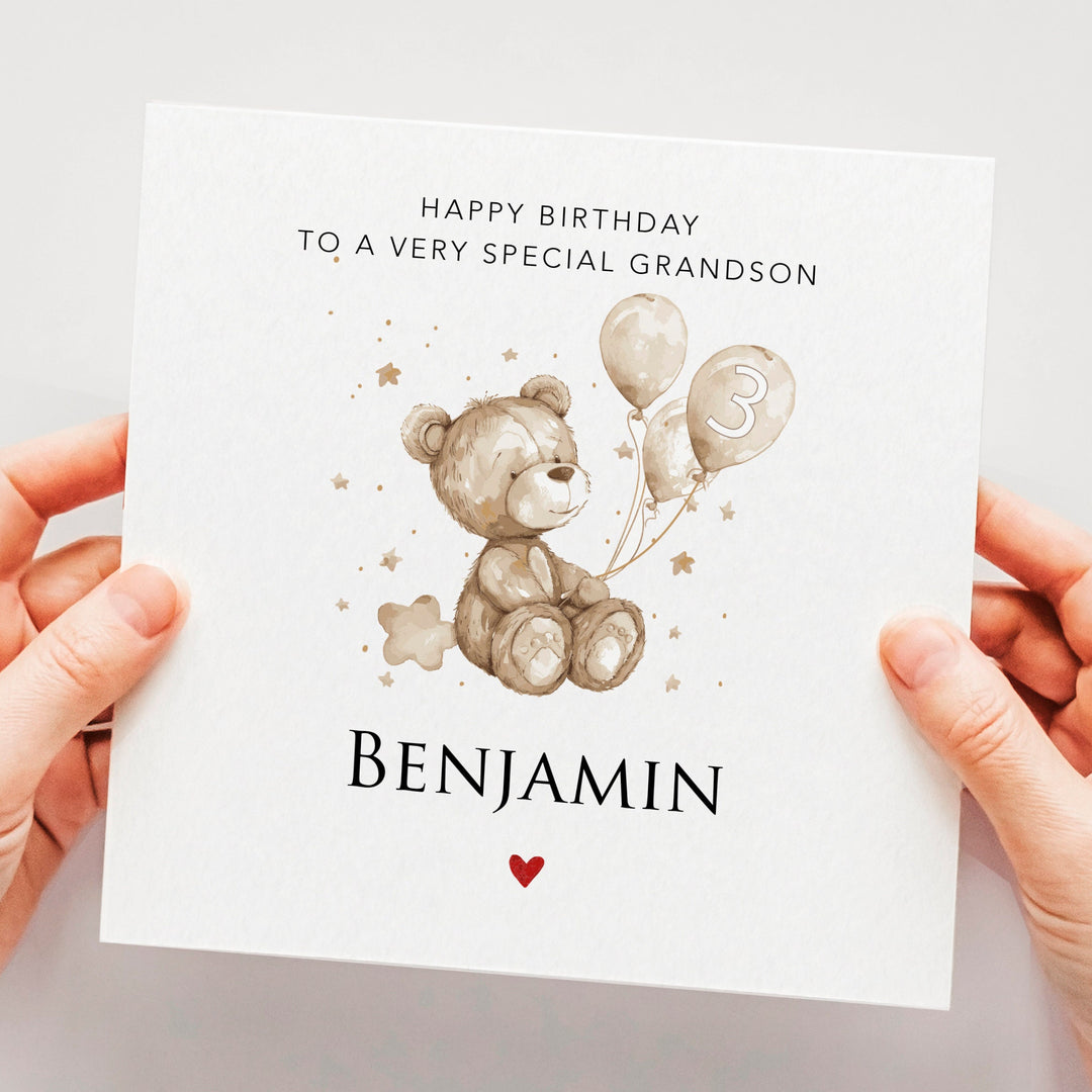 Personalised 3rd birthday boy card, unisex neutral third birthday card, three year old grandson, nephew, godson, cute bear with balloons