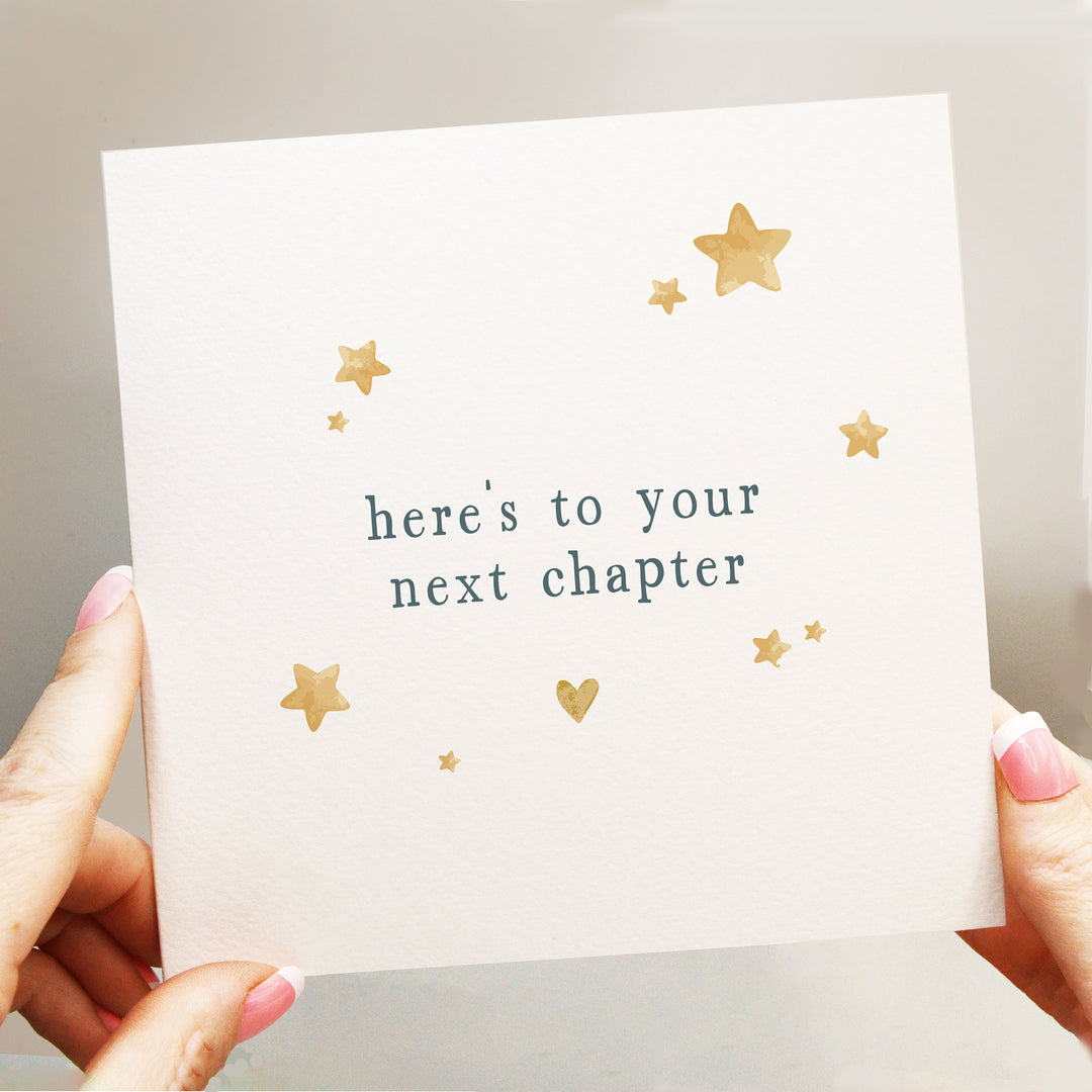 heres to your next chapter card with heart and stars