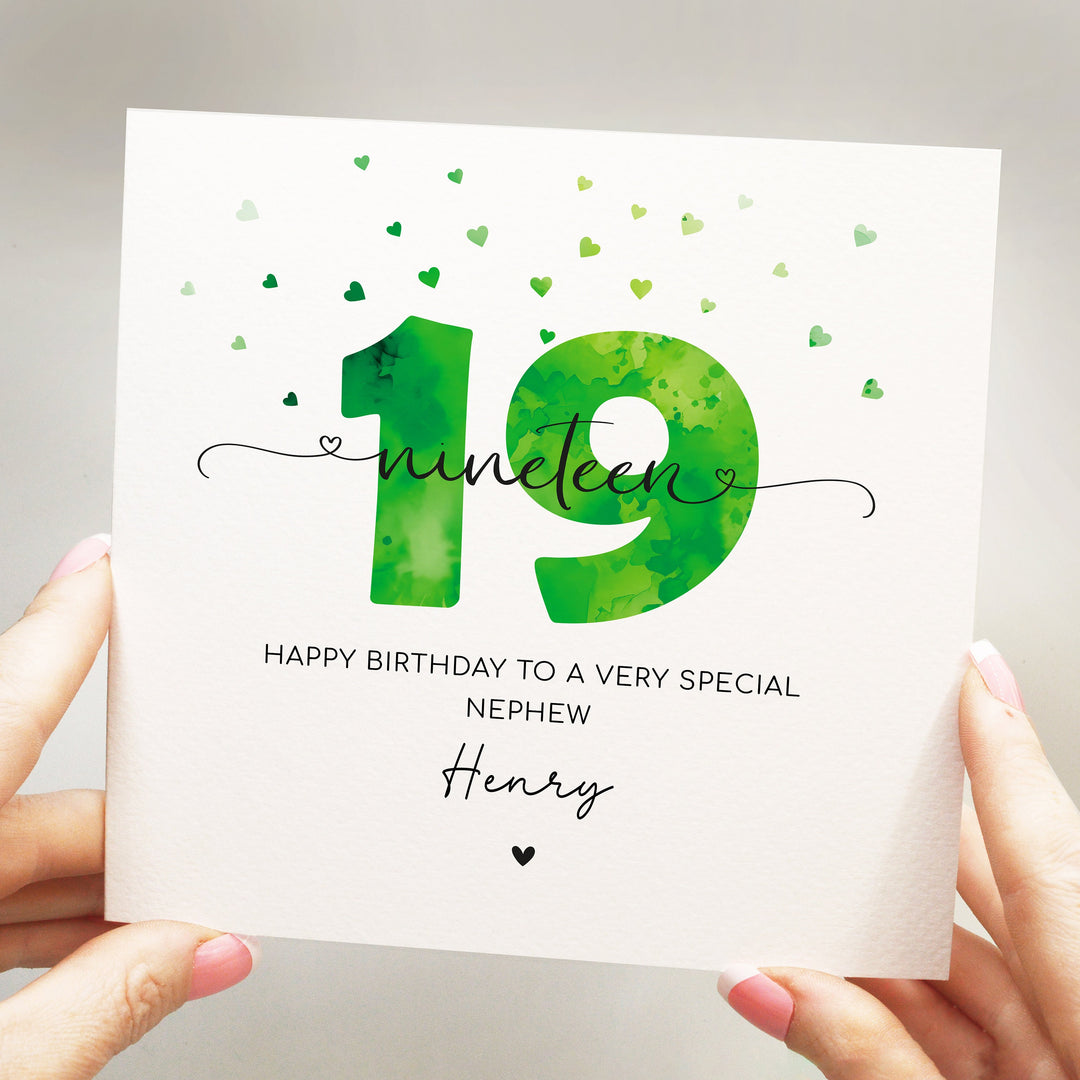 Personalised 19th birthday card, green teenager boy nineteenth birthday card, happy 19th birthday for son, grandson, nephew, godson with hearts