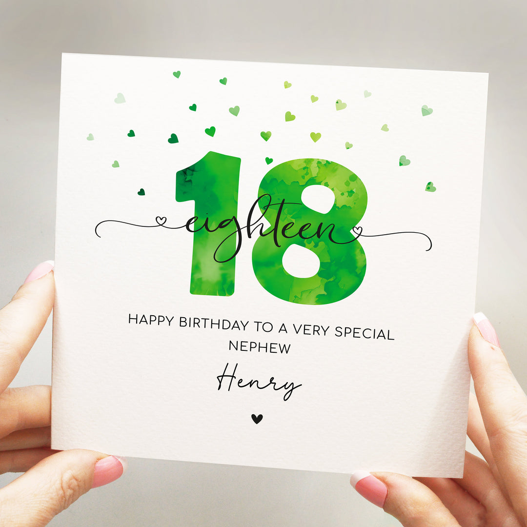 Personalised 18th birthday green card, teenager boy eighteenth birthday, happy 18th birthday for son, grandson, nephew, godson with hearts