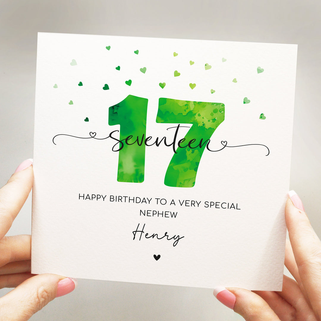 Personalised 17th birthday green card, teenager boy seventeenth birthday, happy 17th birthday for son, grandson, nephew, godson with hearts