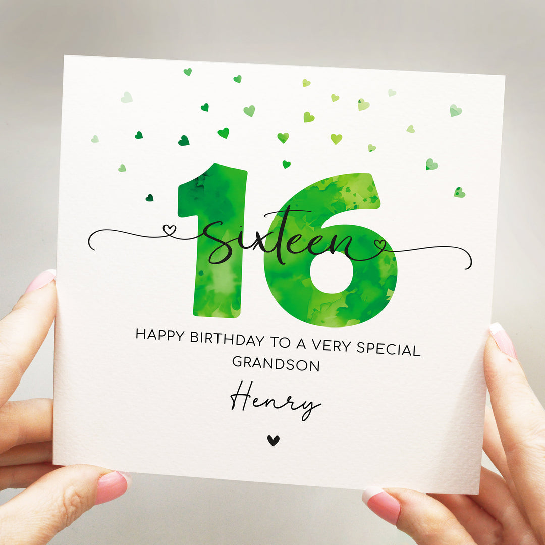 Personalised 16th birthday green card, teenager boy sixteenth birthday, happy 16th birthday for son, grandson, nephew, godson, friend with hearts