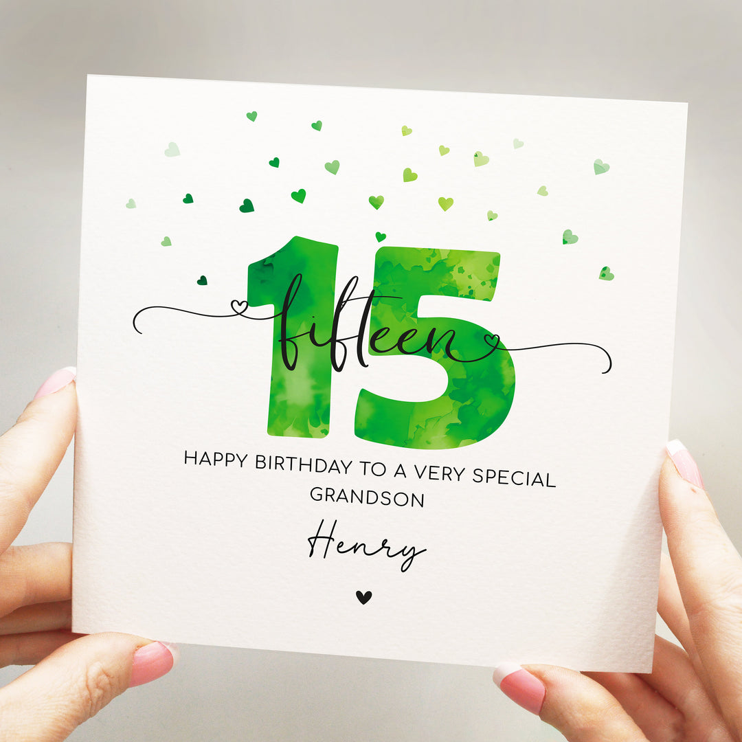 Personalised 15th birthday green card, teenager boy fifteenth birthday, happy 15th birthday for son, grandson, nephew, godson, friend with hearts