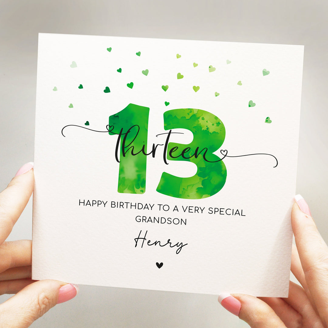 Personalised 13th birthday green card, teenager boy thirteenth birthday, happy 13th birthday for son, grandson, nephew, godson, friend with hearts