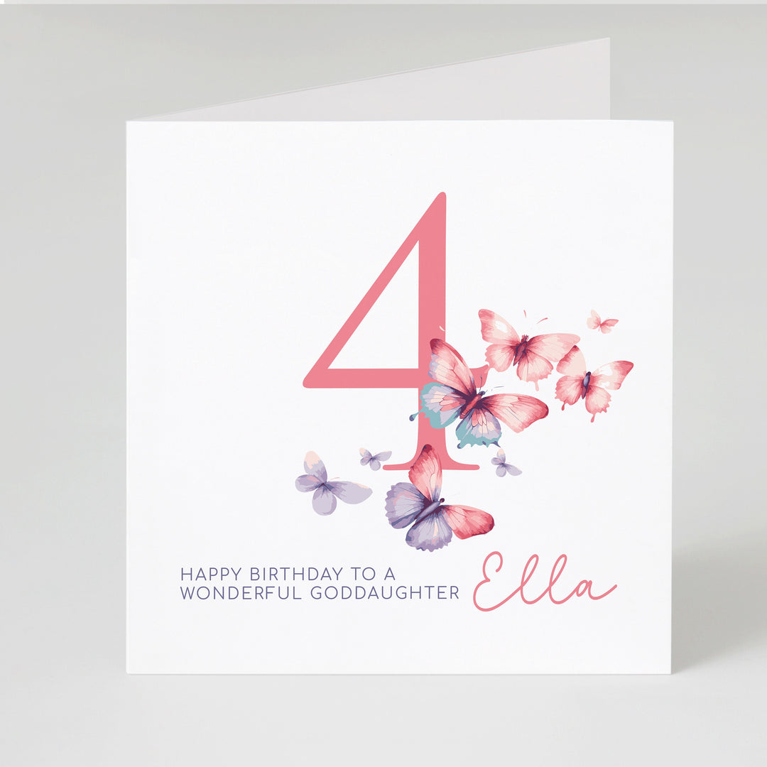 Personalised 4th  Birthday Card for Granddaughter, Niece, Daughter, Goddaughter, Little Girl, Pink Butterflies, with Name