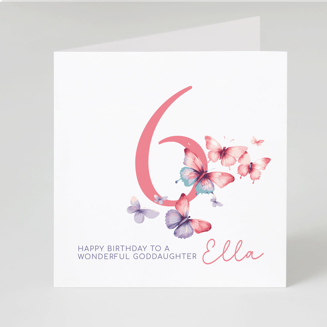 Personalised 6th  Birthday Card for Granddaughter, Niece, Daughter, Goddaughter, Little Girl, Pink Butterflies, with Name