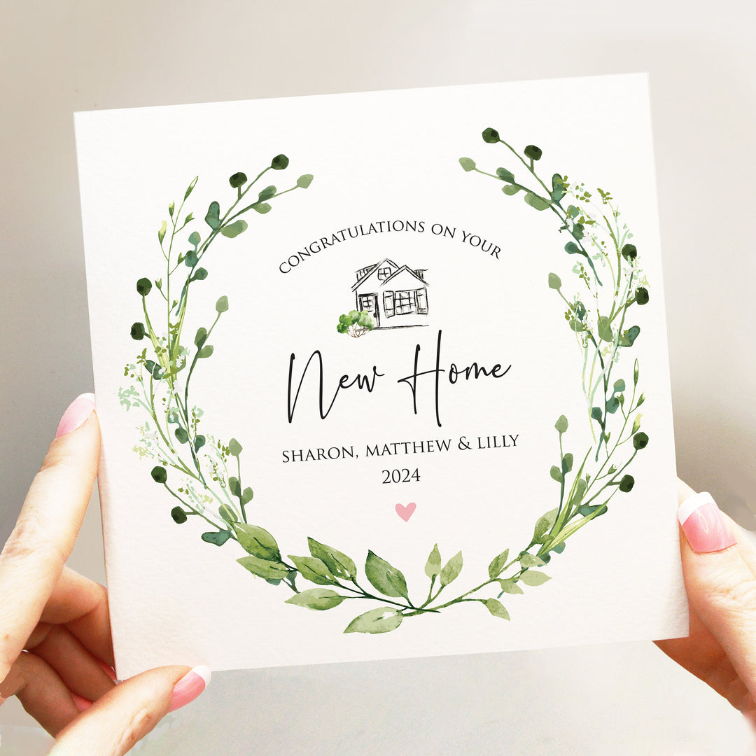 Personalised New Home Card, New Home Gift, Congratulations On Your New Home, Happy Moving Day, New Home Card For Parents, Friends with greenery wreath botanical