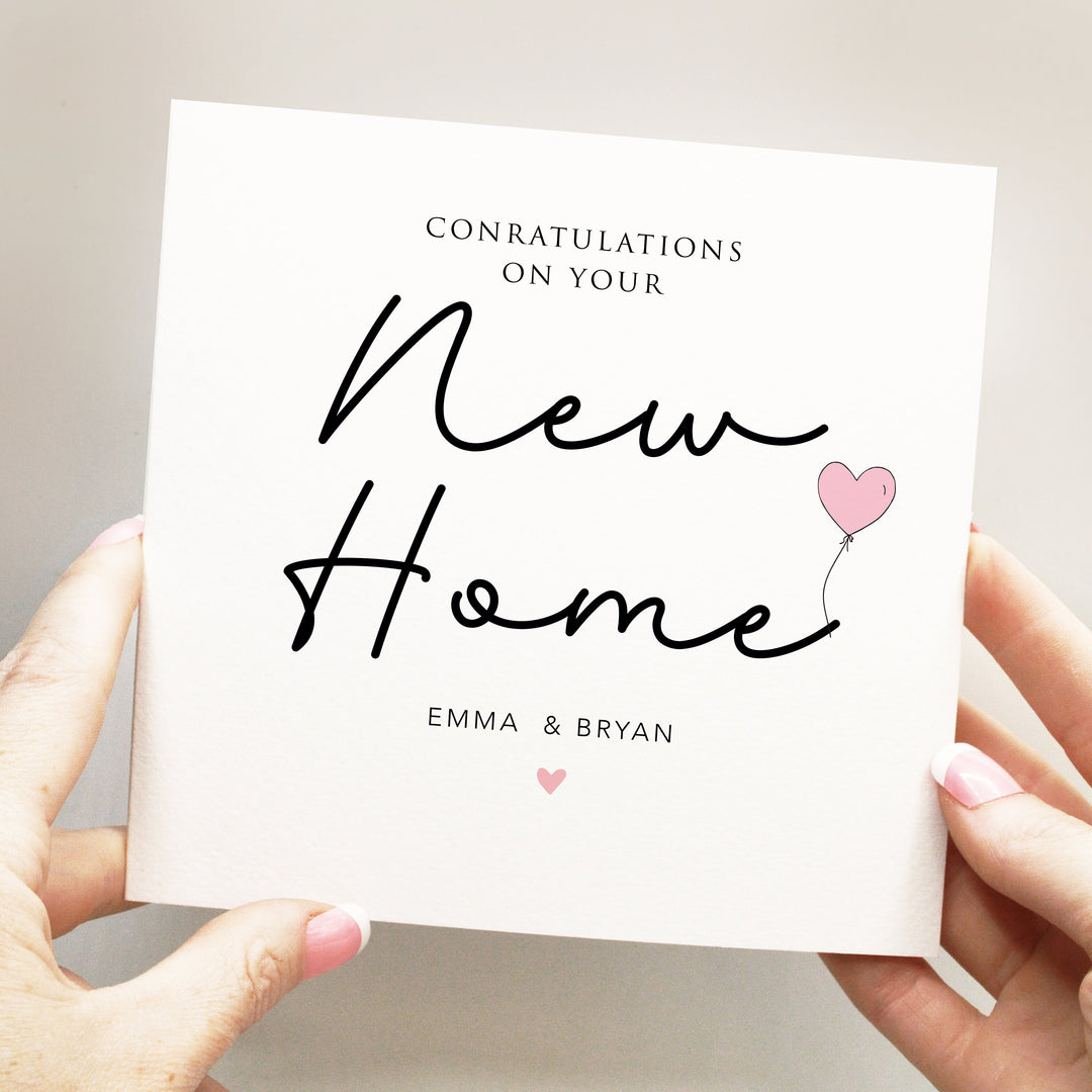 Personalised New Home Card, Simple Congratulations on New House Card, Cute First Home Card with Pink Balloon and handwritten text, Moving Day Card for Friends