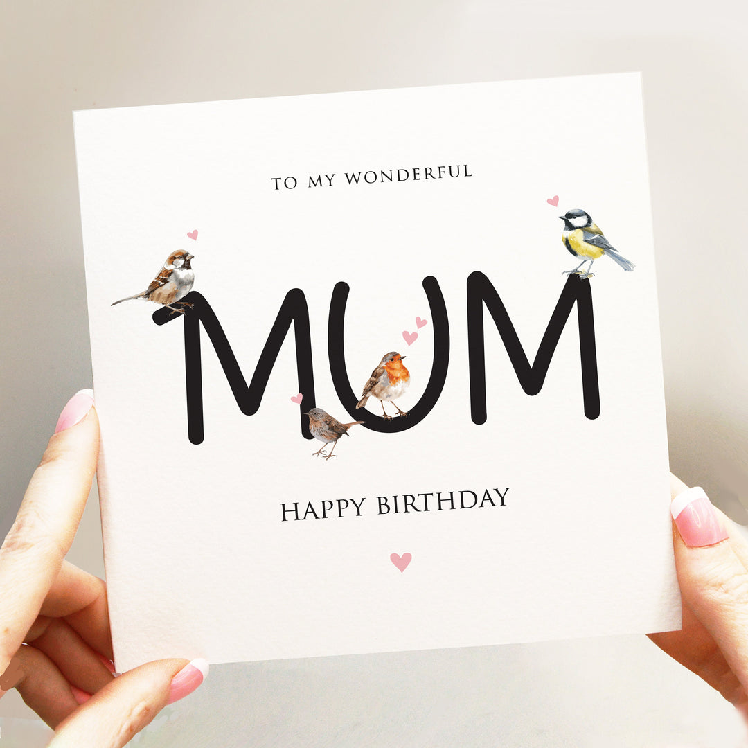 Mum Birthday Card with Birds, Birthday Card with Great Tit, Robin, Sparrow, Dunnock, Birthday Card For Garden Bird Lovers, Bird Watching watercolour