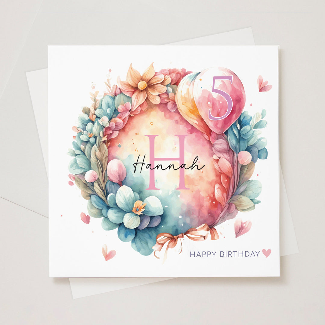 Personalised 5th Birthday Card for Granddaughter, Niece, Daughter, Goddaughter, Little Girl, Pink Blue Colourful Dreamy Floral Card with Name J28