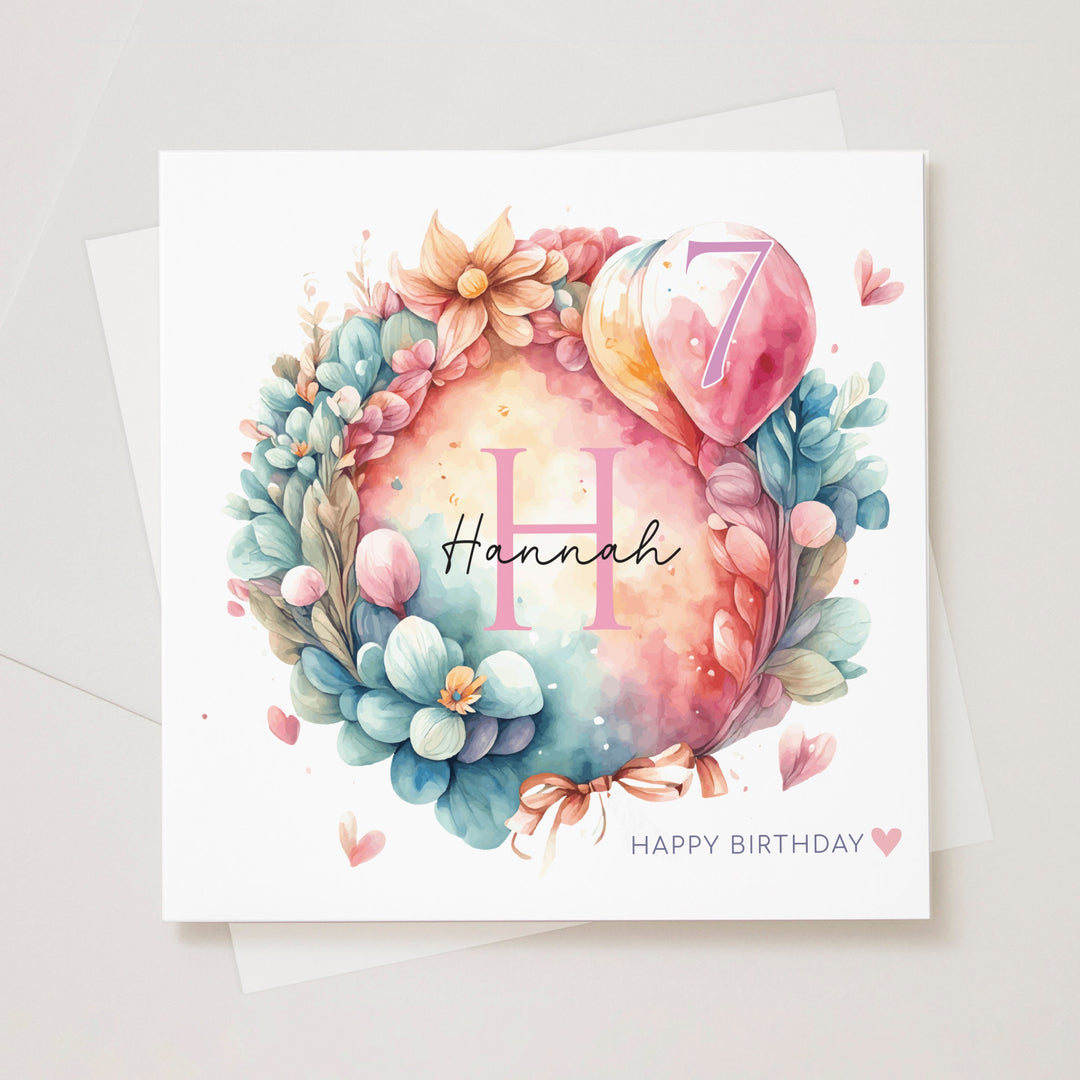 Personalised 7th Birthday Card for Granddaughter, Niece, Daughter, Goddaughter, Little Girl, Pink Blue Colourful Dreamy Floral Card with Name J28