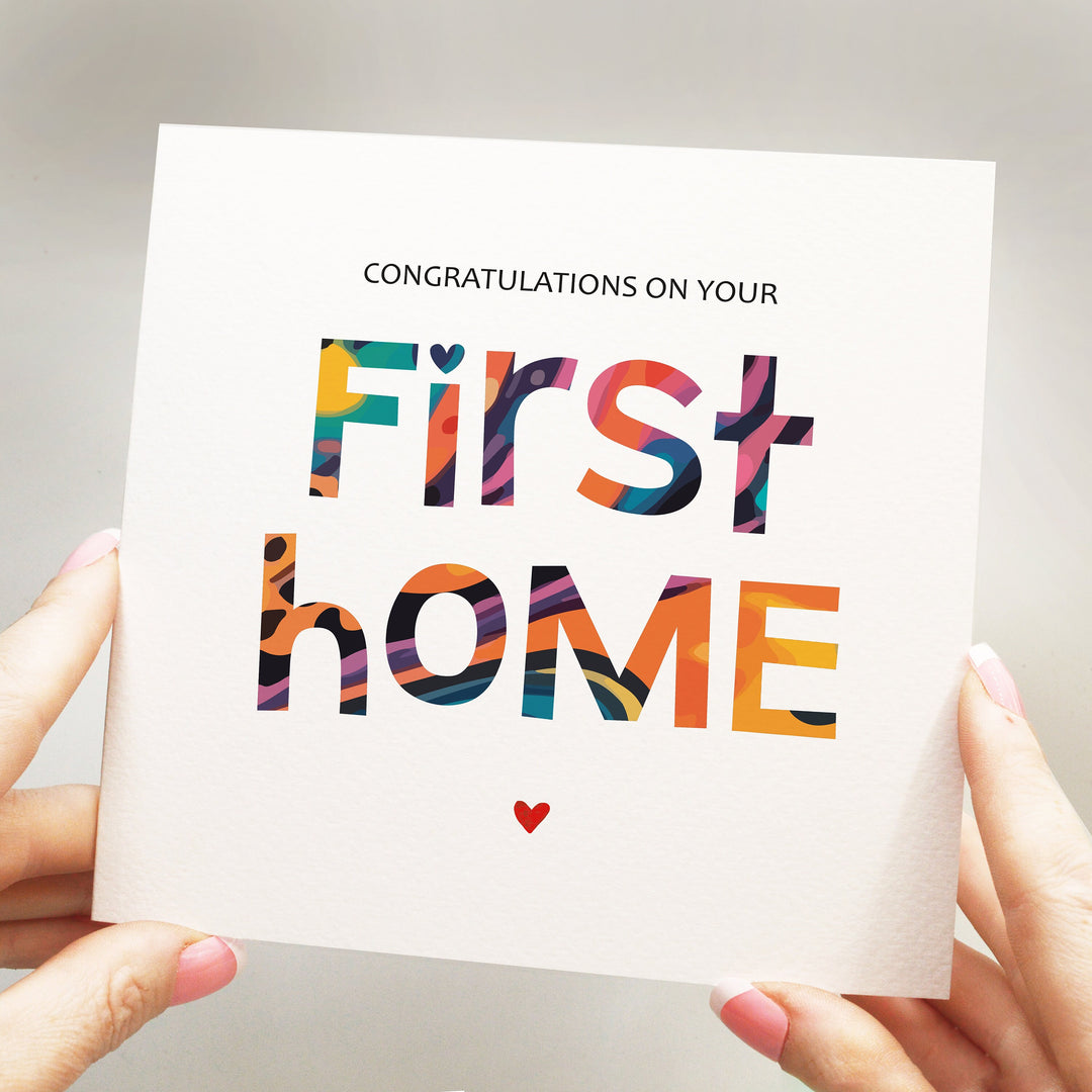 congratulations on your first home greeting card with colourful and playful first home wording and a heart