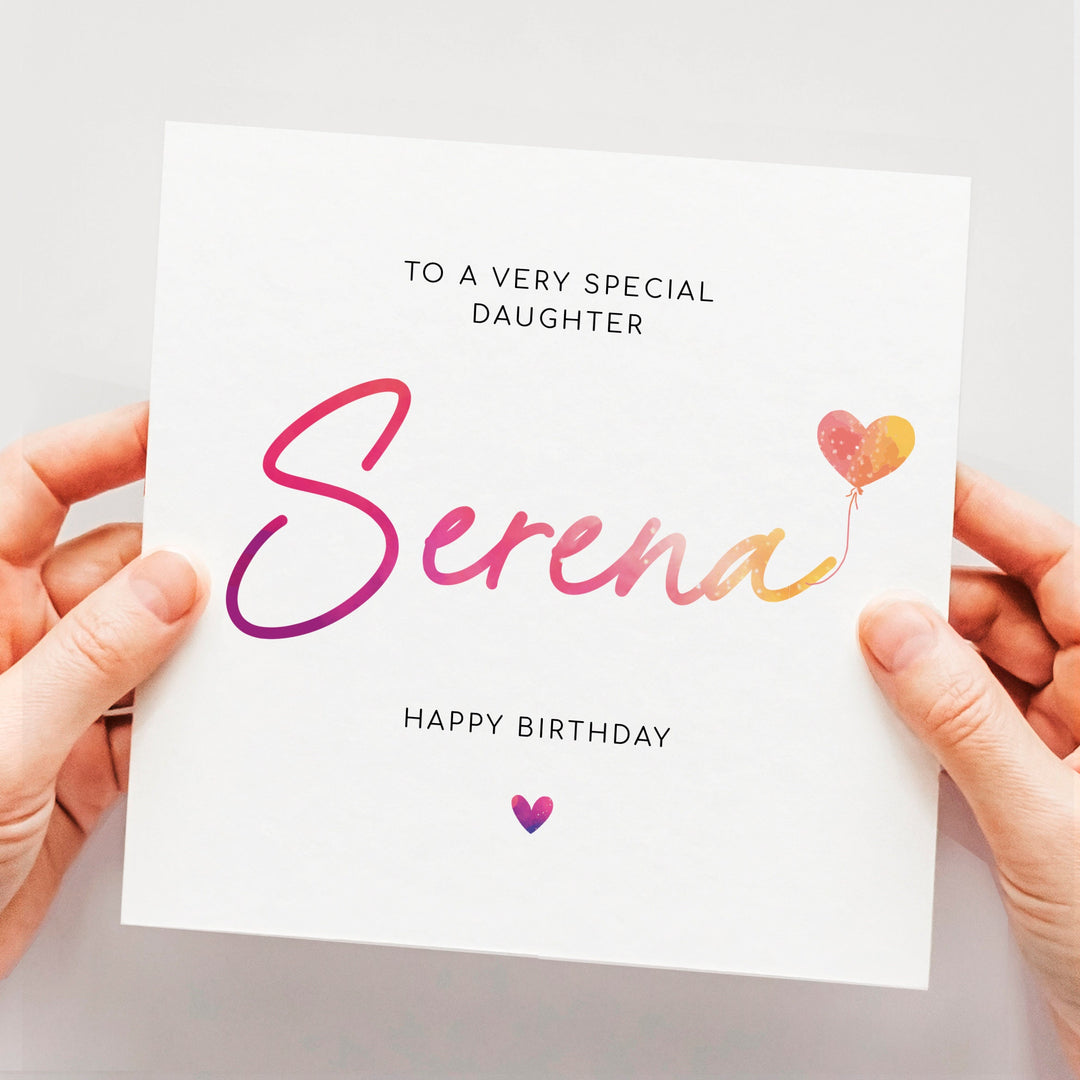 Personalised Birthday Card, Happy Birthday Daughter Card, Niece Birthday Card, Granddaughter Birthday Card, Friend Birthday Card colourful with heart balloon, ombre pink and yellow sunshine