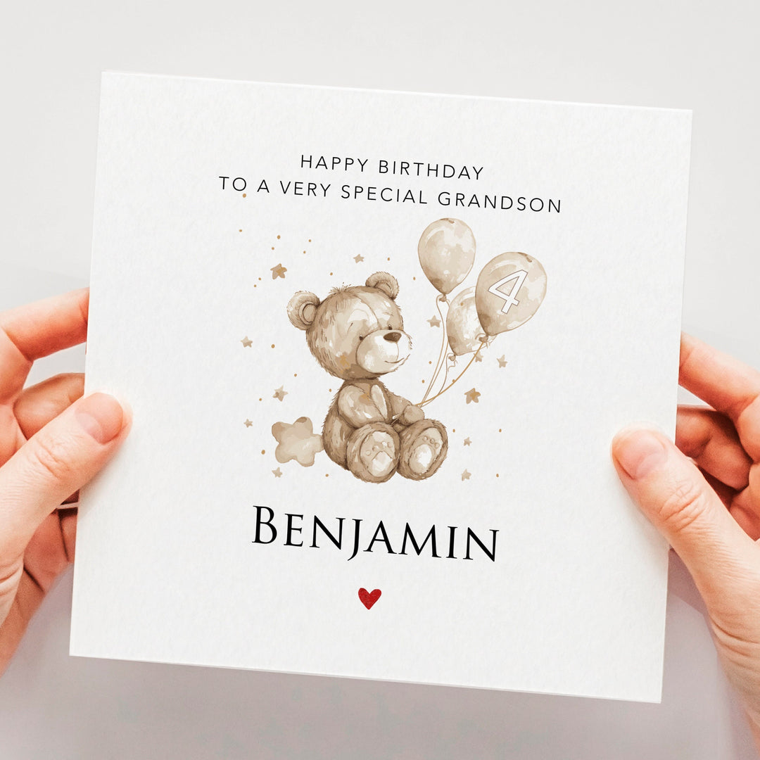 Personalised 4th birthday boy card, unisex neutral forth birthday card, four year old grandson, nephew, godson, cute bear with balloons