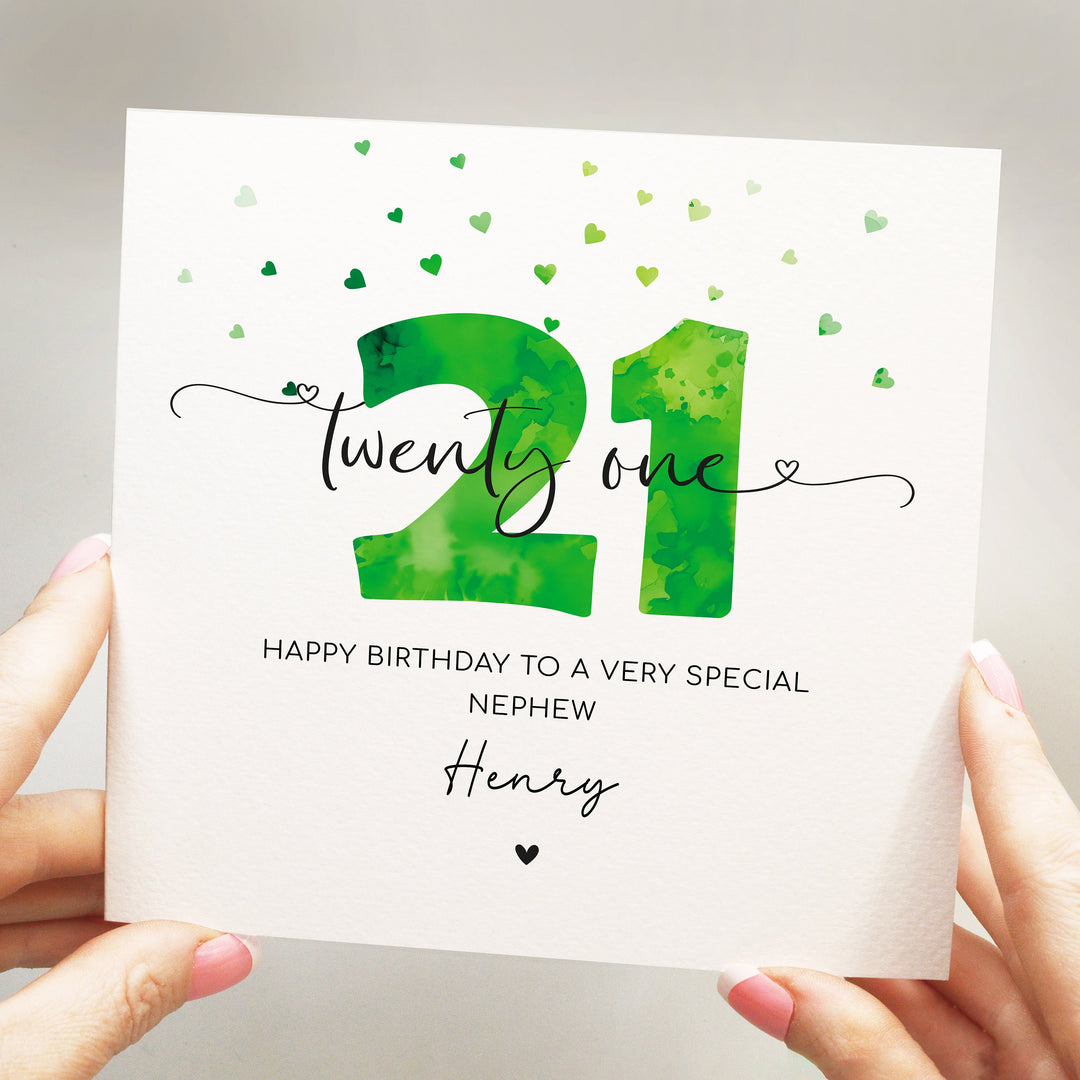 Personalised 21st birthday card, twenty first green birthday card, happy 21st birthday for son, grandson, nephew, godson with hearts